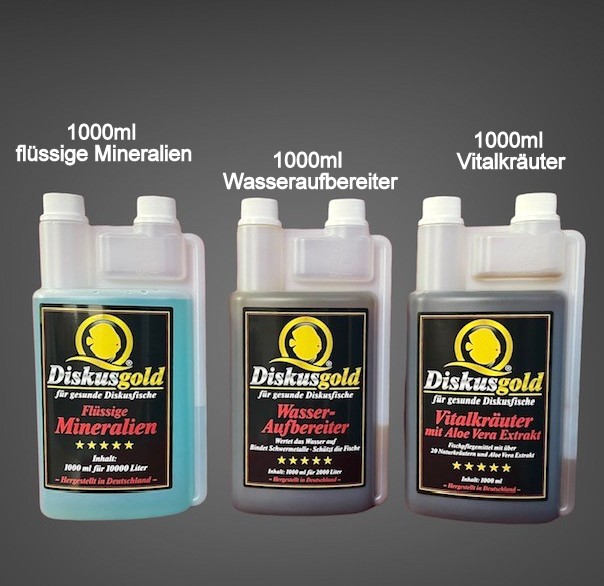 Sparpaket Diskusgold flüssige Mineralien 1000ml + Wasseraufbereiter 1000 ml + Vitalkräuter 1000 ml