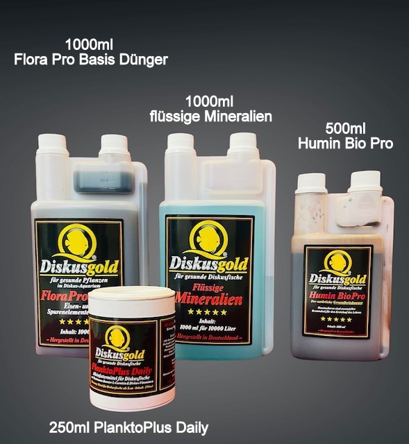 Diskusgold Sparpaket Basis Dünger 1000ml + Mineralien 1000ml + Bio Humin 500ml + Soft Granulat 250ml