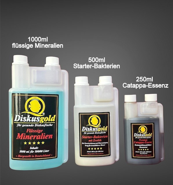 Sparpaket Diskusgold flüssige Mineralien 1000ml + Starter Bakterien 500ml + Catappa Essenz 250ml