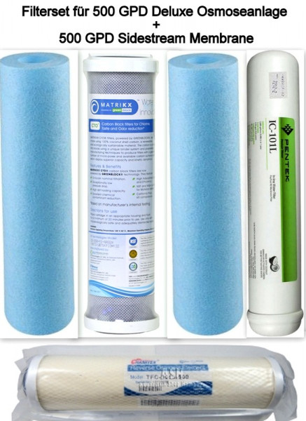 Deluxe Filtersatz für 5-stufige Umkehrosmose Wasserfilter 10Zoll + 500 GPD Sidestream Membrane